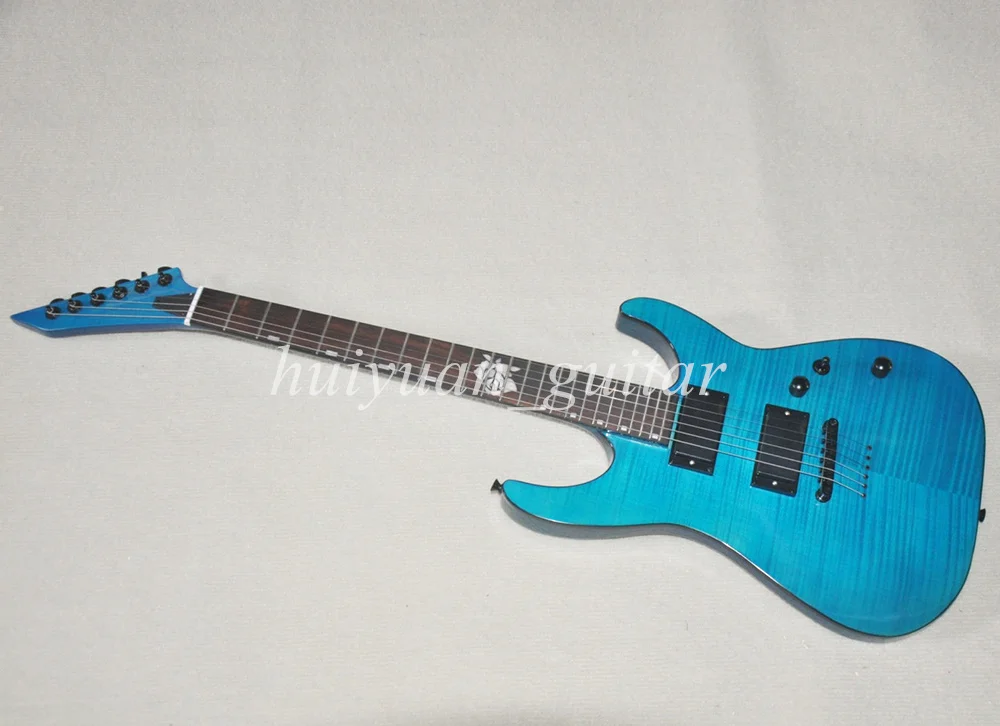 Flyoung 6 Strings Blue Strings Through Body Electric Guitar with Flame Maple Veneer Rosewood Fretboard 24 Frets