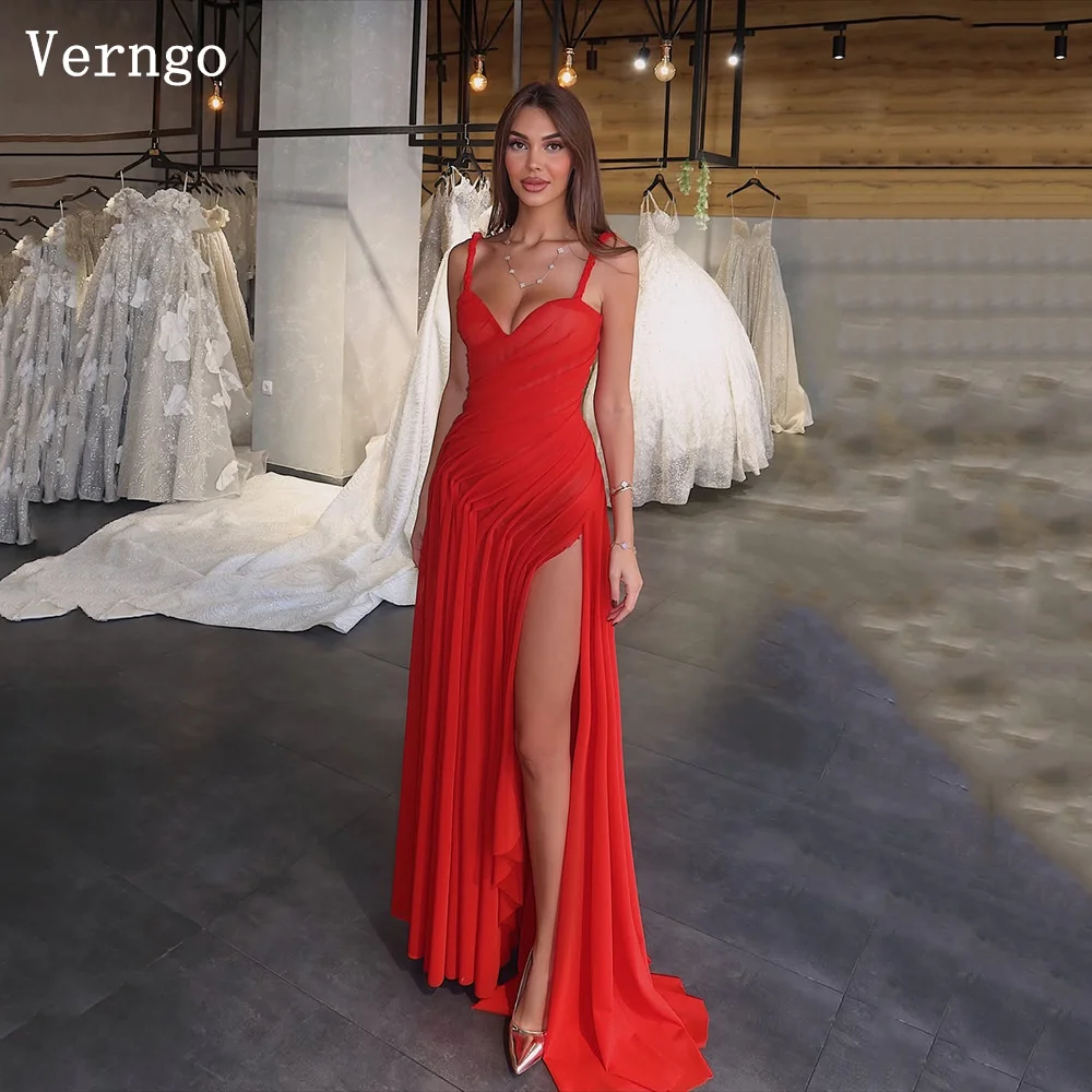 

Verngo Red Chiffon Evening Dress Spaghetti Straps A Line Formal Occasion Dress Side Slit Pleated Hand-made Prom Gown Customized
