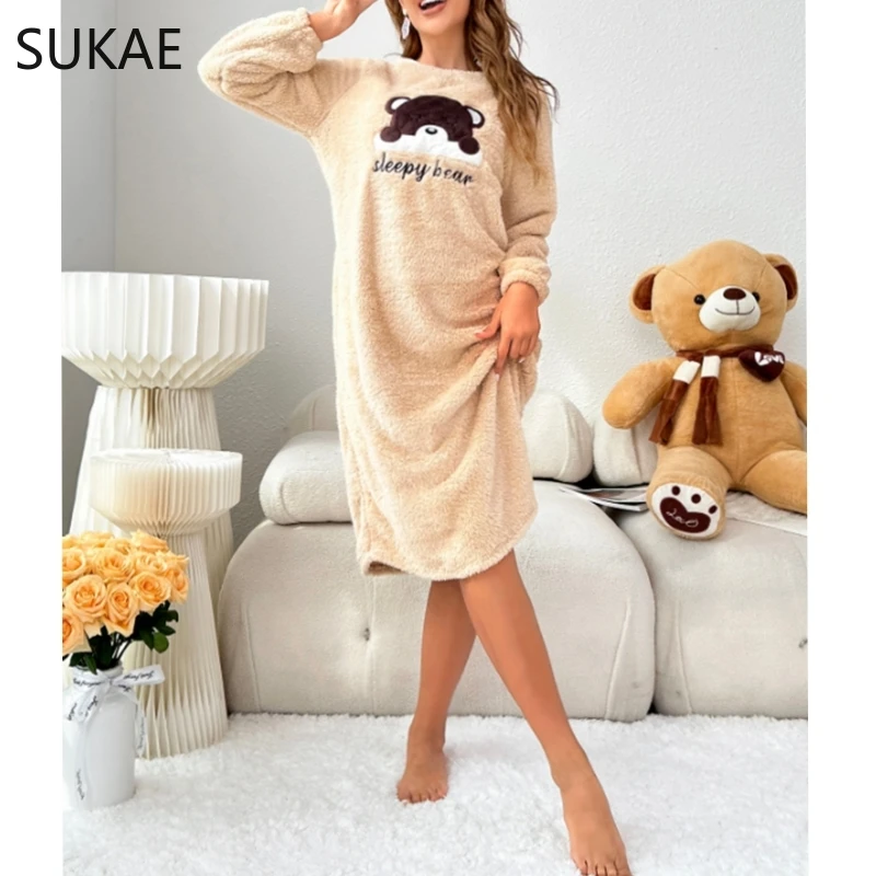 SUKAE Cute Bear Winter Women Long Sleeves Thermal Nightgowns Flannel Long Sleepshirt Pullover Fluffy Nightwear Woman Homewear