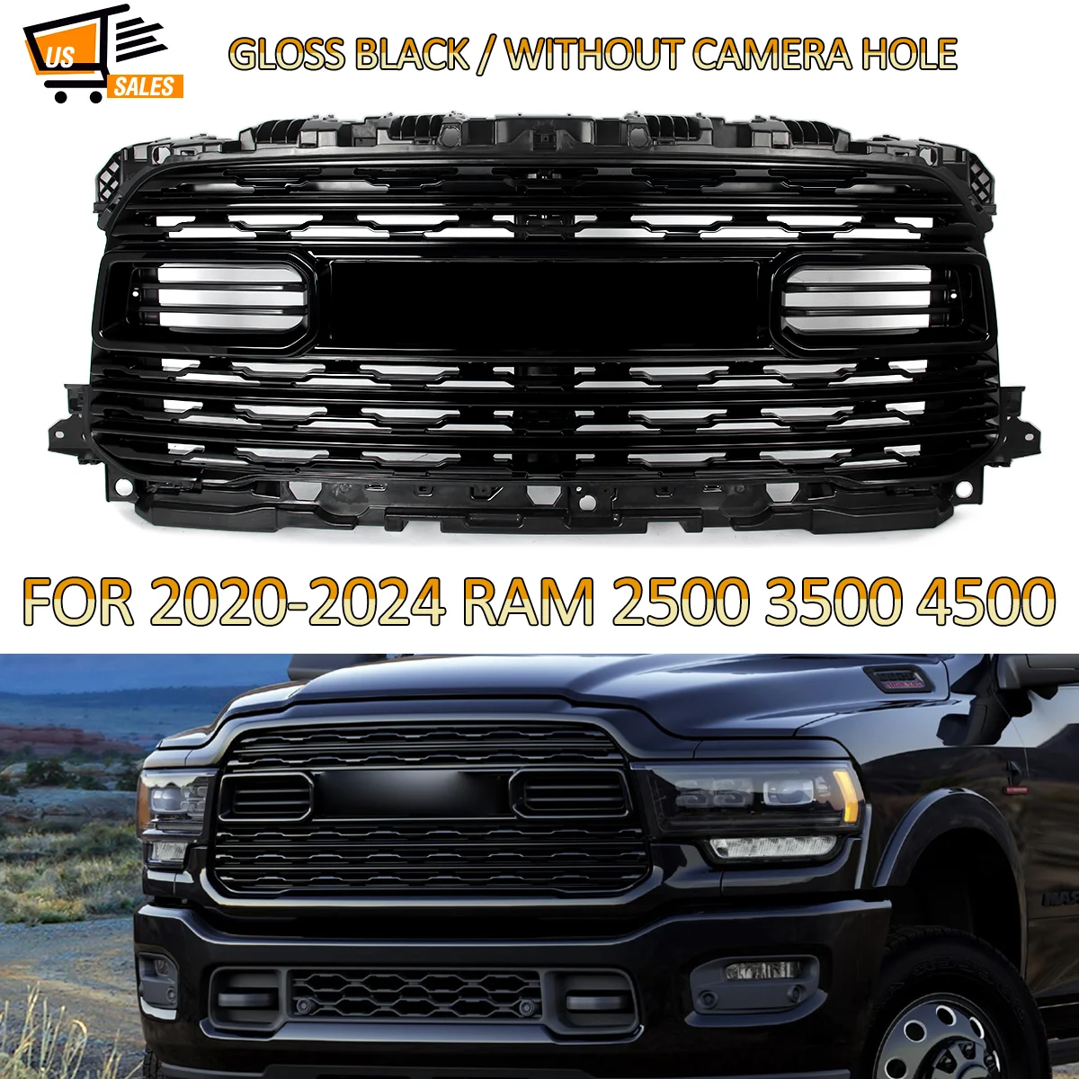 

Glossy Black Front Grill For RAM 2500 3500 4500 2020-2024 Horizontal Billet Grille Front Bumper Grill w/o Camera Hole 68516019AA