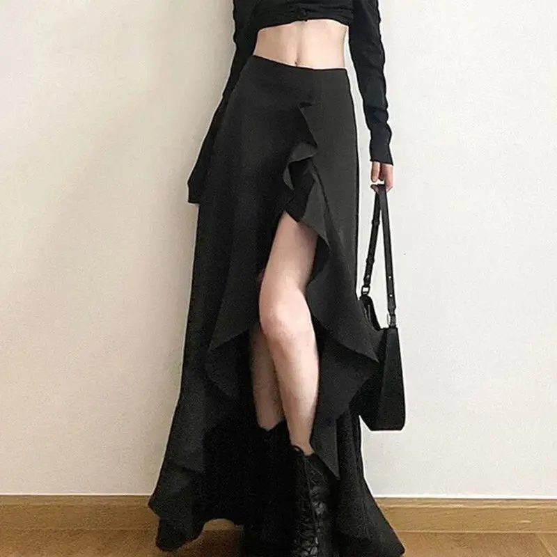 

Black high waist irregular ruffle leaf edge three-dimensional 2026 skirt women's summer new temperament split long dress