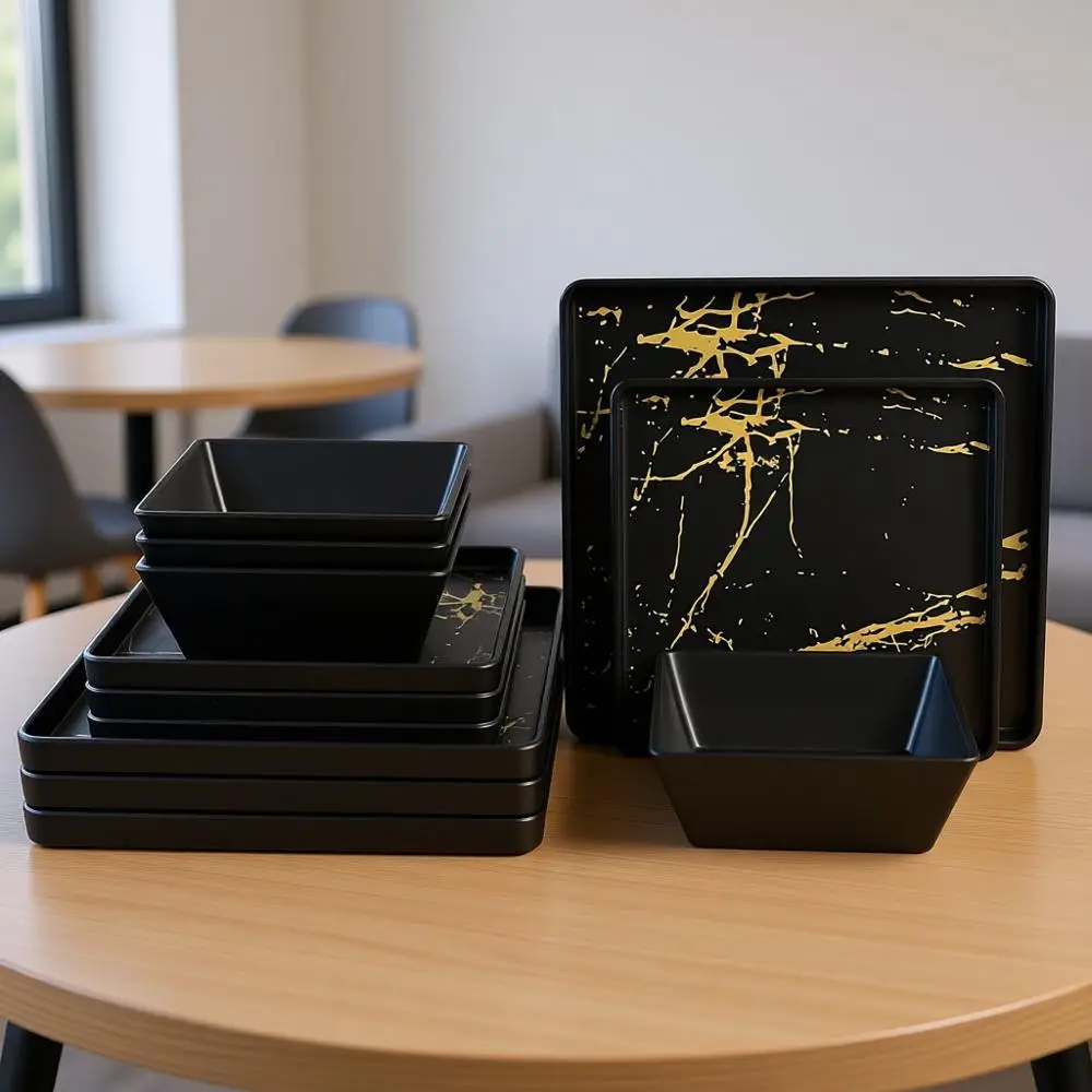 

Melamine Dinnerware Sets - 12pcs Square Plates and Bowls, Indoor Outdoor, Dishwasher Safe, Black & Gold