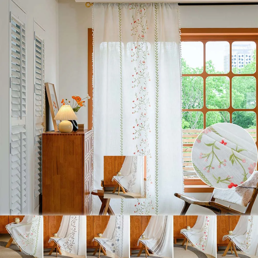 

1PC Elegant Embroidered Floral Curtains Linen Blend Semi Sheer Window Drapes for Living Rooms Bedrooms Partition Decor Rideaux