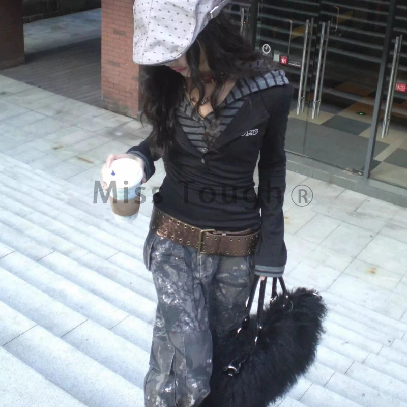 Spice Girl Fake Two Long Sleeved T-shirts Women American Style Y2k Striped Hooded Tops Goth Dark Fashion Long Sleeve Clothes New - Image 2