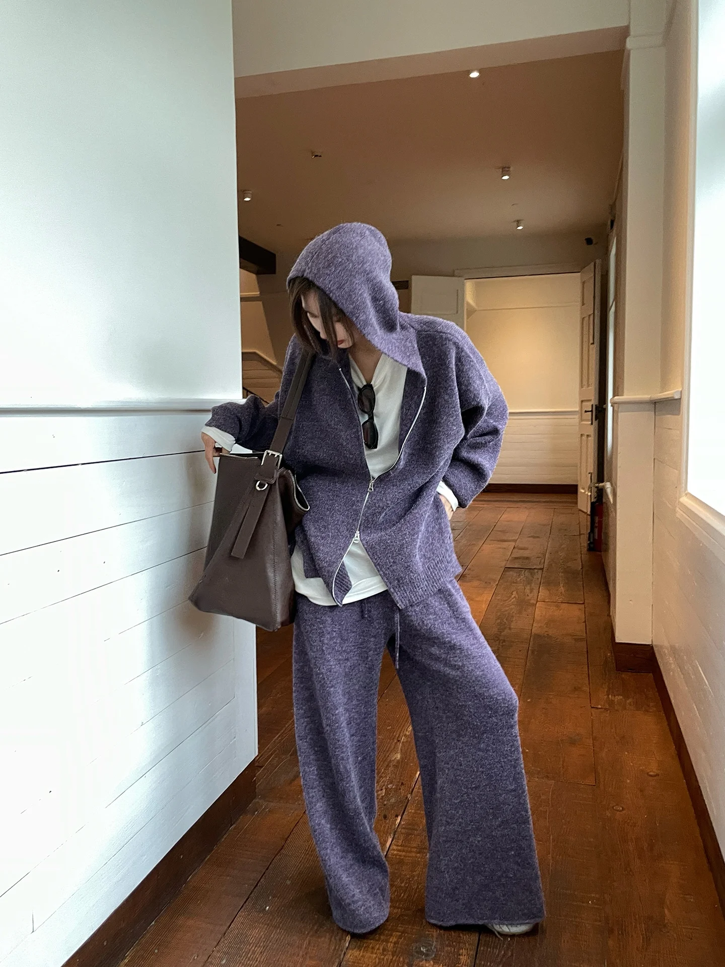 

JCCC adow Purple High Weight Blended Yarn Hooded Knitted Cardigan Straight Leg Pants Set Women's Autumn Long Sve C...