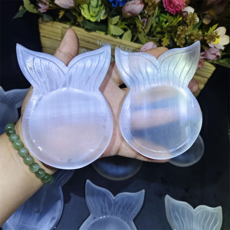 Natural Selenite Mermaid Bowl Carving, Hand Polished Crystal Dish, Healing Energy Stone Home Storage Decor Art Ornament Gift