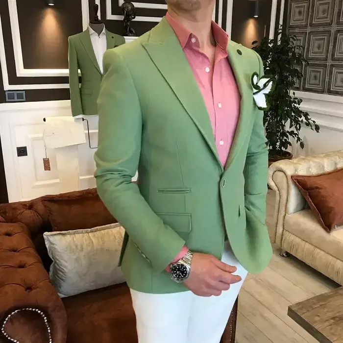 

2024 Summer Green Jacket For Men Suits Slim Fit Costume Homme 2 Piece Casual Beach Wedding Suit Terno Masculino Custom Made