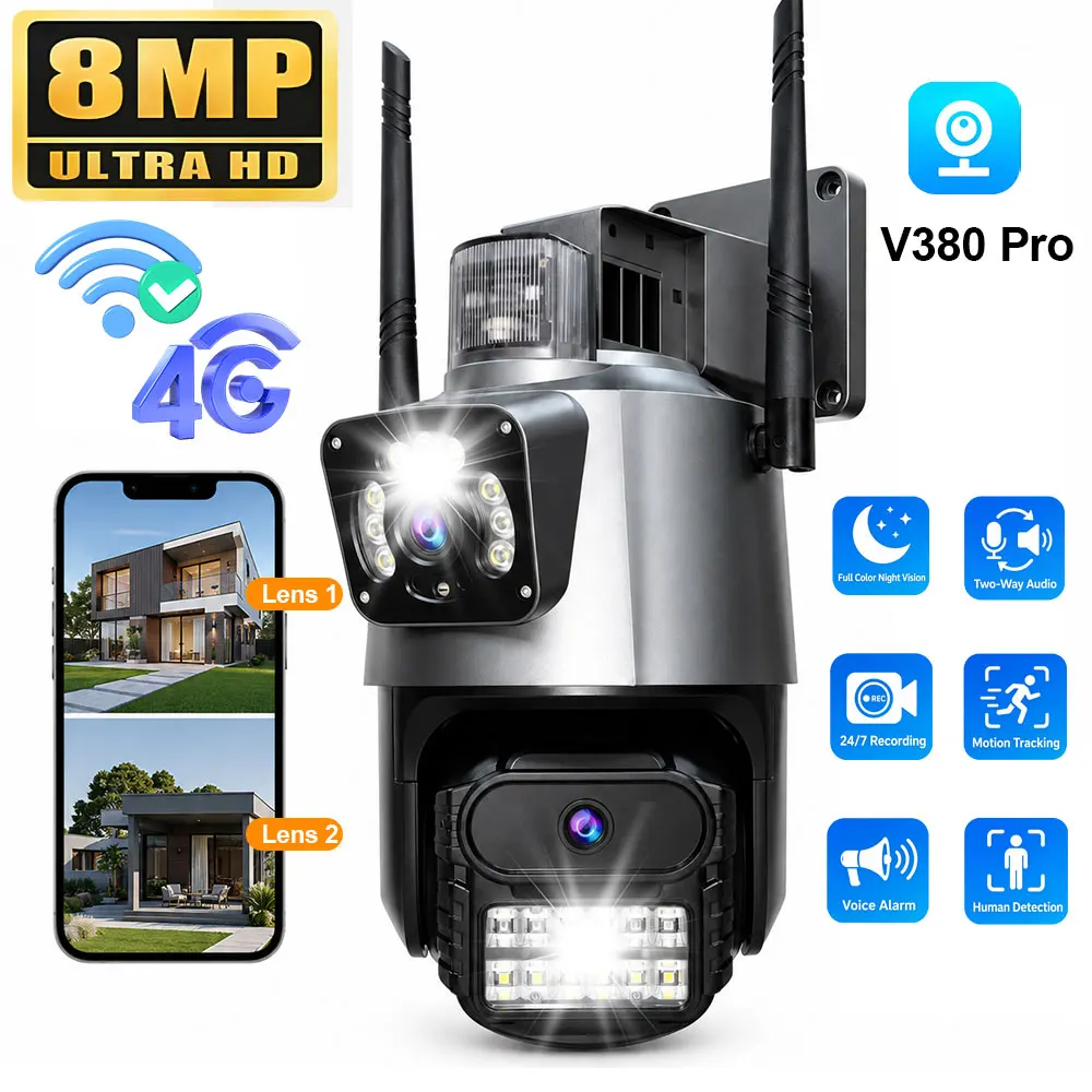 

Dual Lens WiFi/4G Outdoor Cam, IR&Full Color Night Vision, PIR Track,Two-Way Audio, Waterproof CCTV Surveillance Cam