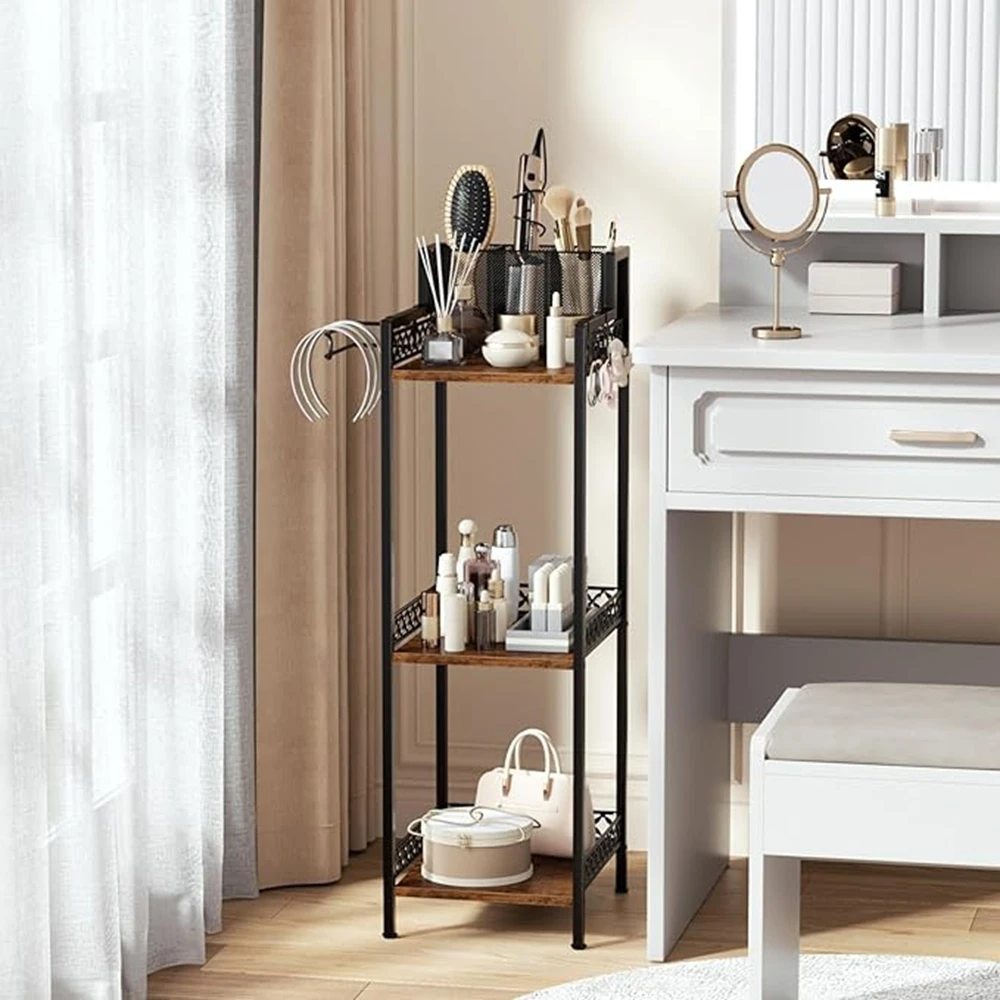 

3-уровневый органайзер для полки для ванной комнаты с держателем для фена и крючком для туалетной бумаги Тонкая металлическая подставка для небольших помещений для туалетных принадлежностей