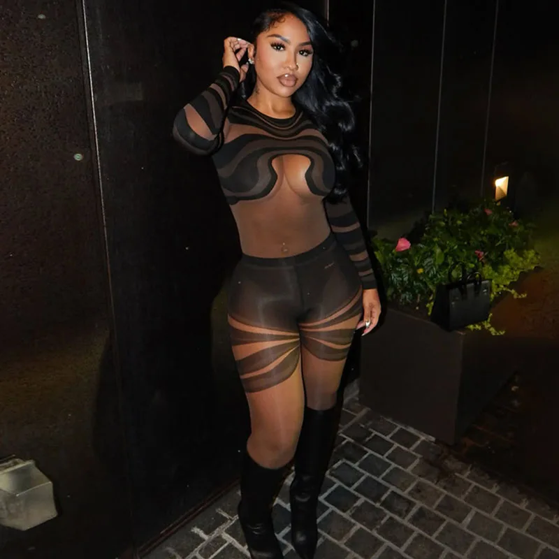 Sexy Mesh Sheer Jumpsuits Club Outfits for Women Long Sleeve O-neck Printed Patchwork Slim Bodycon Jumpsuit Party Rompers Female