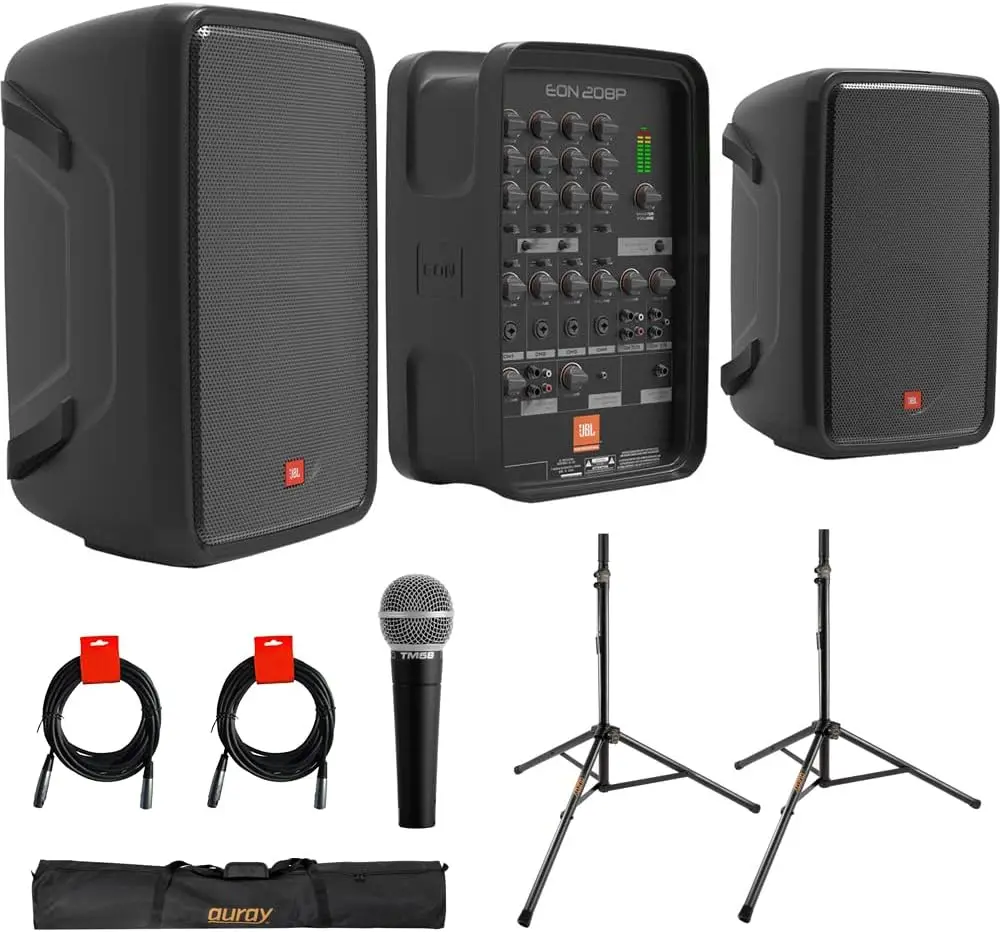 Portable All-in-One 2-Way PA System Bundle with Auray SS-47S-PB Speaker Stand with Carrying Case, Vocal Microphone