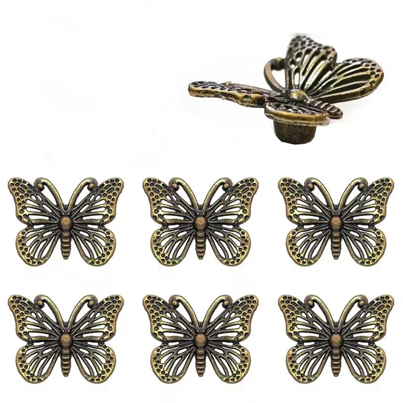 6Pcs Vintage Drawer Pulls Closet Door Knob Butterfly Shape Wardrobe Handle Alloy Closet Small Knobs Bronze Furniture Fittings