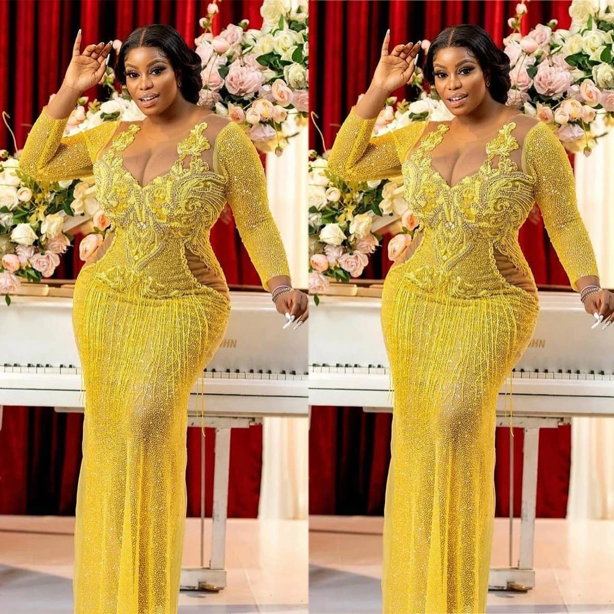 

Gold Sparkly Sequins Prom Dresses Plus Size Sheer O Neck Long Sleeve Mermaid Evening Gowns Special Occasion Dress With Tassel