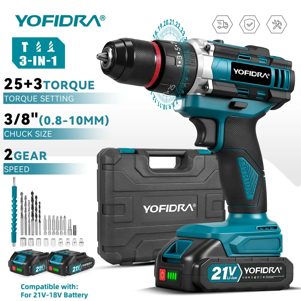 YOFIDRA Elektrischer Schlagbohrer 25+3 Drehmomentstufen, Handgeführter Akku-Schlagbohrer 3-in-1, Holzbearbeitungs-Elektrowerkzeug für Makita 21V Akku
