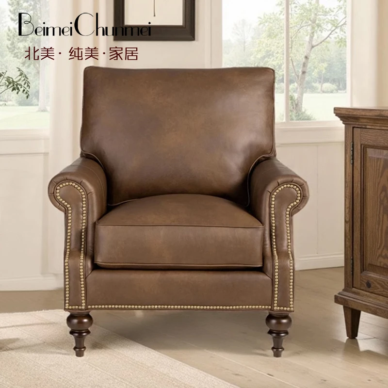 American retro first layer cowhide, single sofa living room leather art, oil wax leather sofa