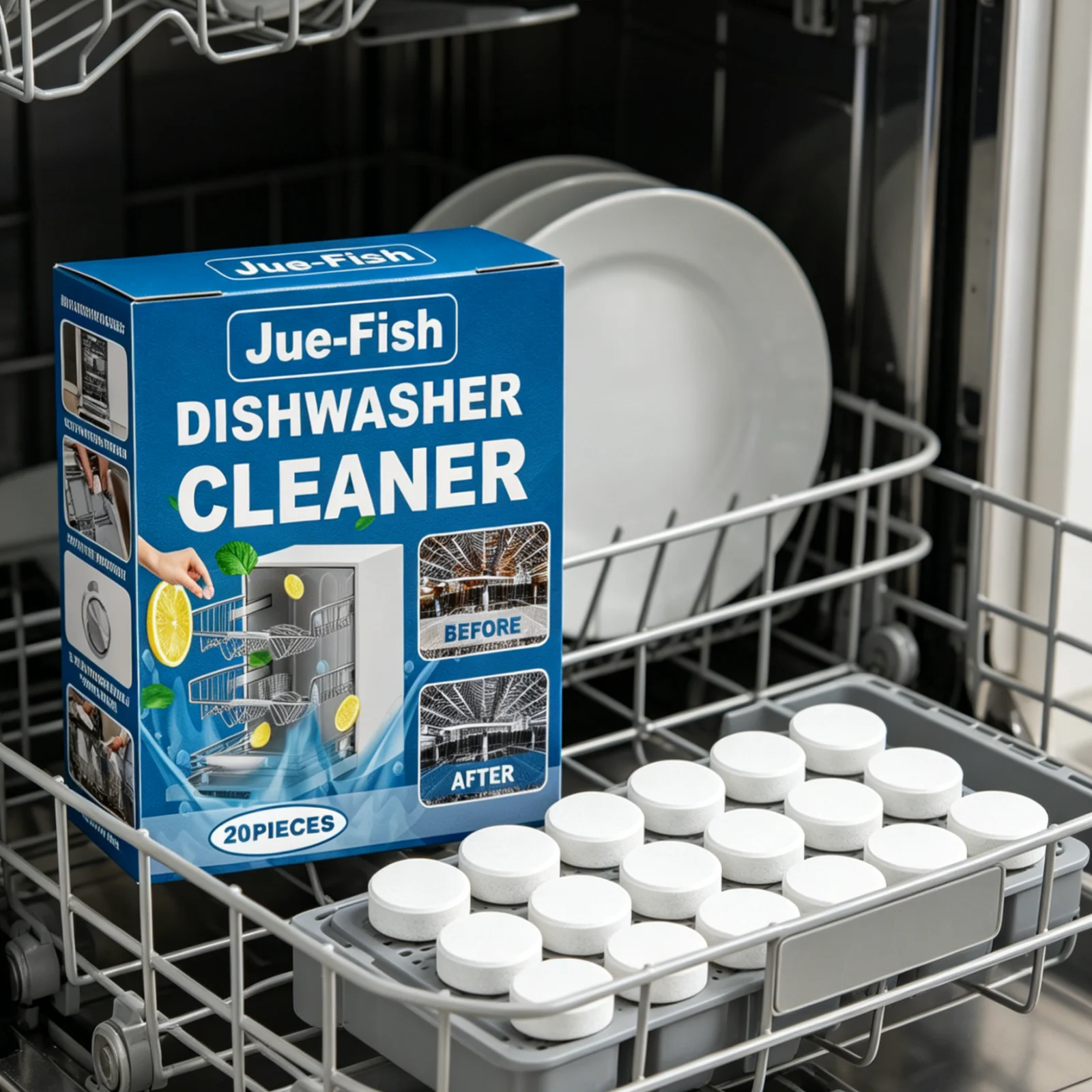 Jue Fish Dishwasher Cleaner Tablets Powerful Decontamination Remove Odors Deep Cleaning No Residue Dishwasher Descaler 20 Pieces