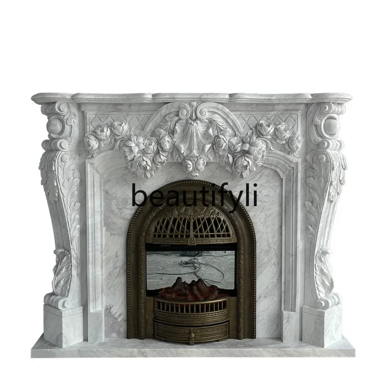 

Marble mantel French stone fireplace decorative cabinet indoor European retro natural marble stone carving customization6005