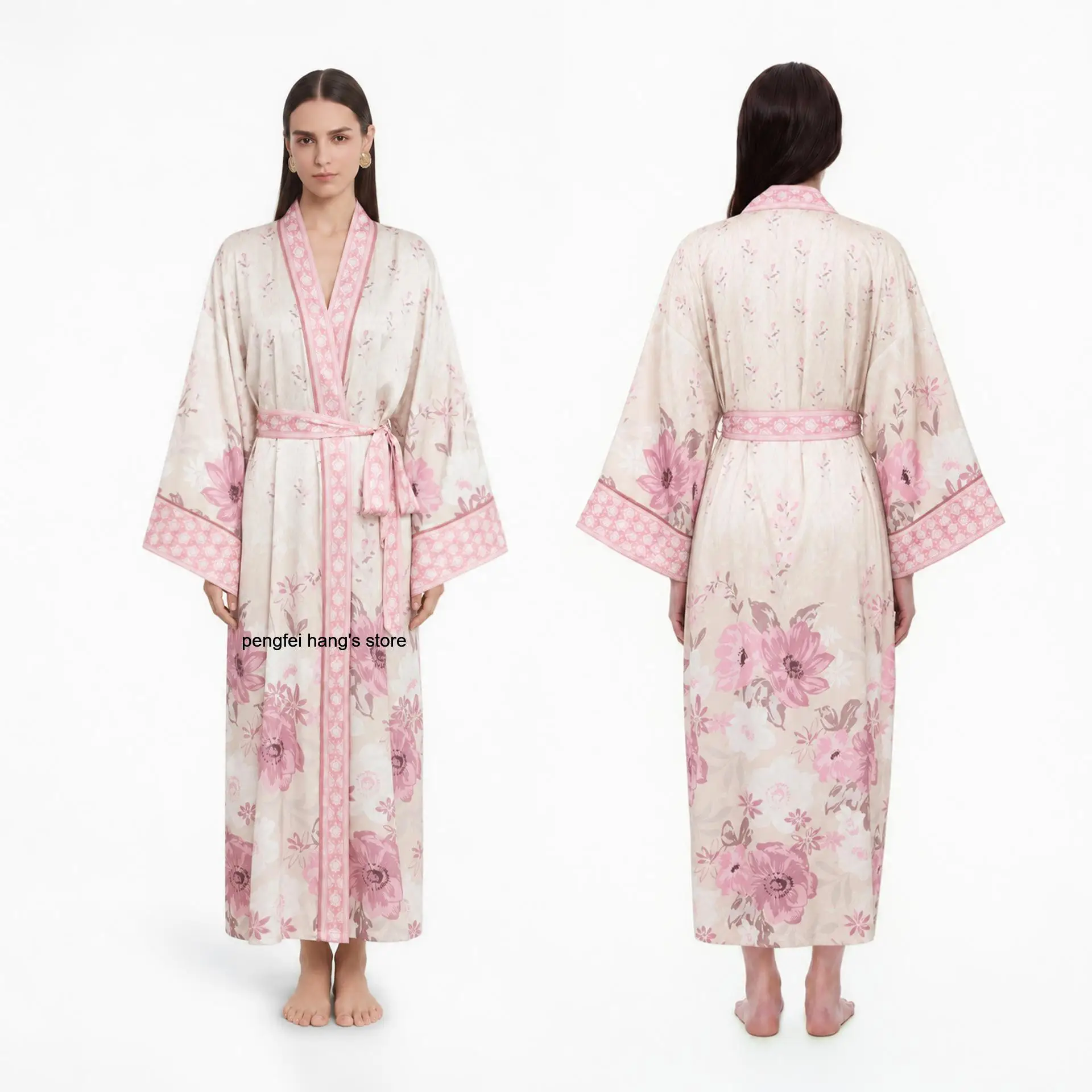 Women Spring Luxury Satin Sleep Robe Fashion Print Long Sleeve Open Front Long Morning Gown Soft Bathrobe for Home Wedding Party