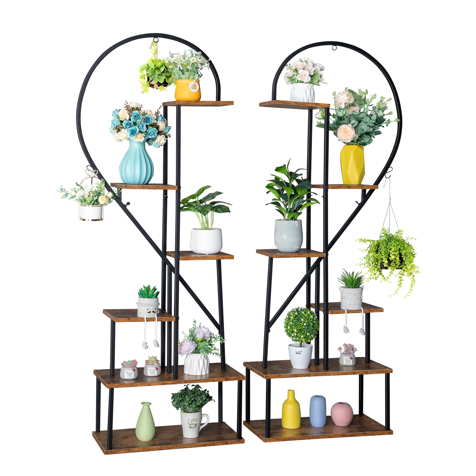 2pcs 6 Layers Half Heart Iron Wood Suitable For Garden Balcony Patio Lawn Plant Stand Flower Pot Stand Iron Flower Stand Black