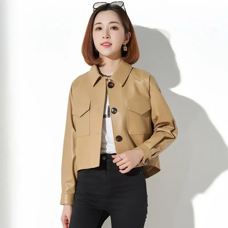 Genuine Leather Jacket Women Clothing Femal High-waisted Real Leather Clothes Women's Locomotive Sheepskin Outerwears Jaqueta F