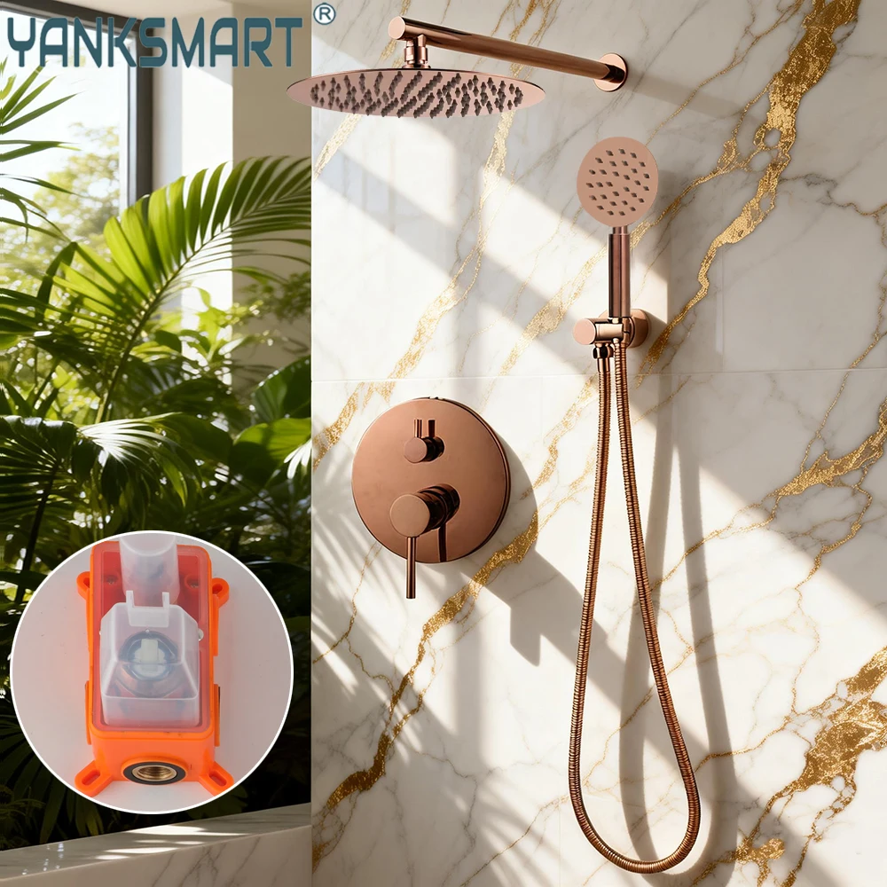 

YANKSMART Rose Gold Bathroom Shower Faucet Wall Mount Shower System Set 8-9" Head Chuveiro Rotate Rainfall Spout Mixer Water Tap