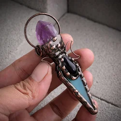 YEEVAA 1pc Copper Arrow Double Moon Amethyst Blue Agate Natural Stone Necklace, Crystal Pendant Quartz Jewelry Gift