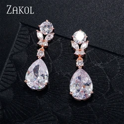 ZAKOL Shiny White Waterdrop Bridal Earring for Women Teardrop Crystal Dangle Earrings Luxury Wedding Jewelry