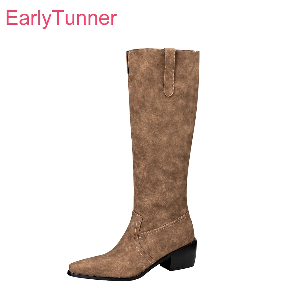 

2025 New Winter Fashion Brown Grey Women Knee High Riding Boots Pointed Toe Heel Lady Shoes Plus Small Big Size 32 12 42 46 48