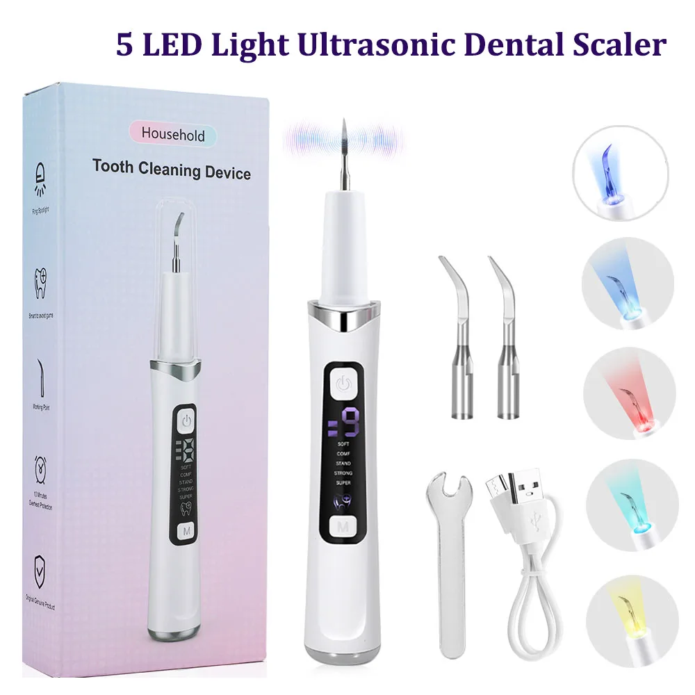 

Ультразвуковой очиститель зубов с 5 режимами светодиодной подсветки, зубной скалер, средство для удаления пятен, удаление зубного камня, инструменты для чистки зубов