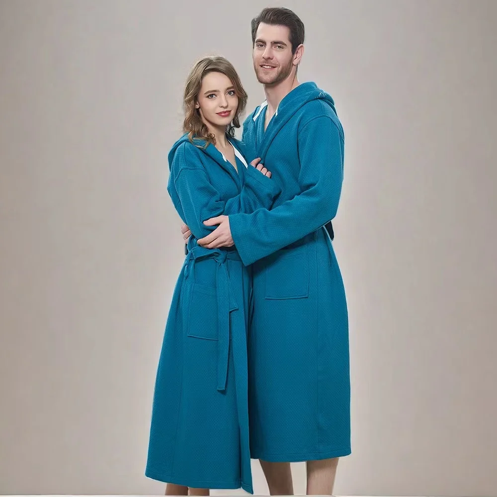 Men Nightgown Hooded Long Sleeve Color-Blocked Thickened Plush Robe Lace-up Belt Long Style Thermal Insulation Loungewear