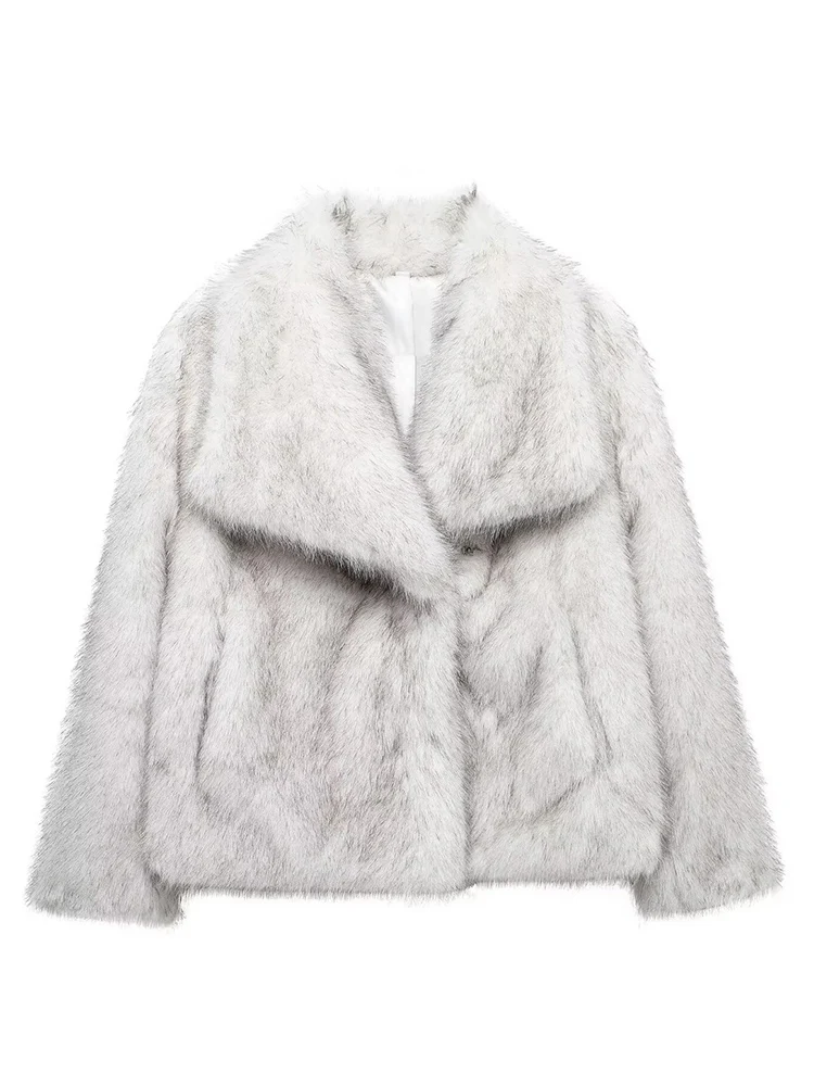 

HH модное укороченное пальто из искусственного меха для женщин, зима 2025 года, винтажная однотонная толстая куртка с лацканами и длинными рукавами, верхняя одежда