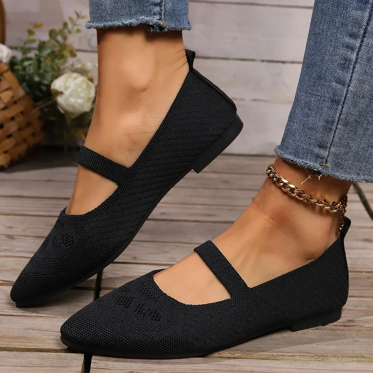 Women Pointed Toe Flat Shoes Solid Color Knitted Shoes Casual Breathable Ballet Flats Women Loafers Zapatos Mujer 2024 Tendencia