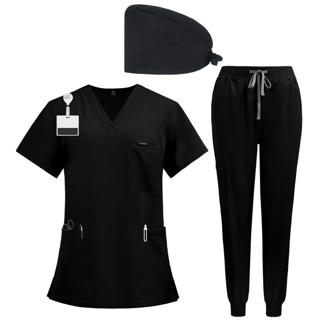 Accessory Set Short Sleeve Scrub Top Set Skin Care Nursing Uniform Workwear with Matching Hat
