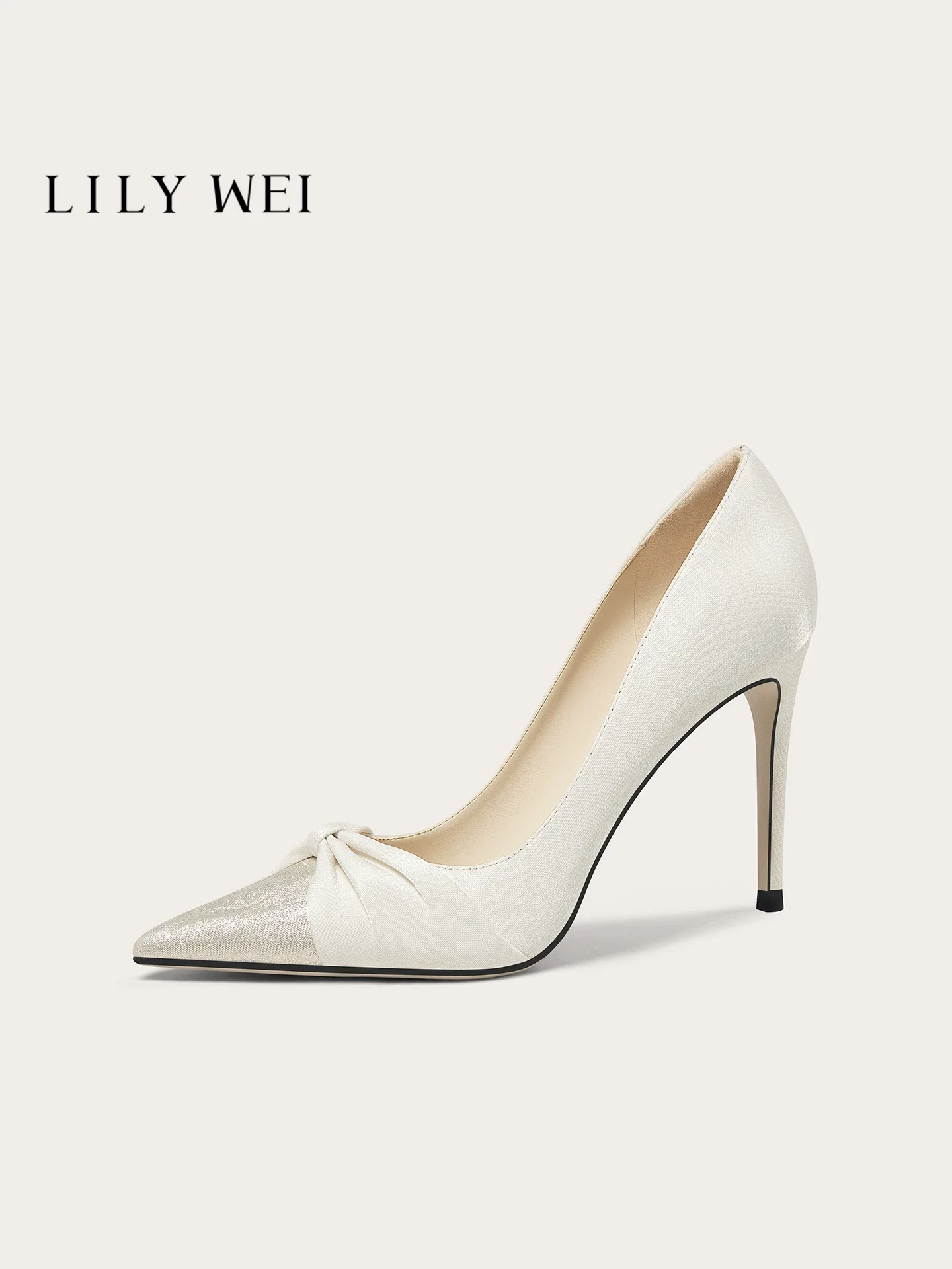 Spring new pointed sequin bow fabric wedding shoes banquet large size small size widened version slim high-heeled women's shoes