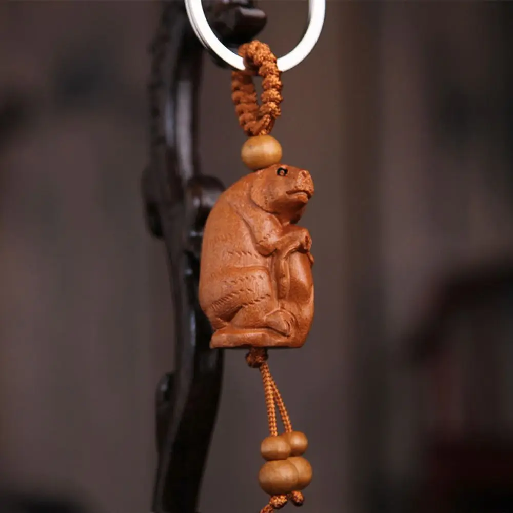 Dragon Animal Fengshui Gift Mascot Lucky Car Key Ring Bag Pendant Engraving Wood Keyring Chinese 12 Zodiac Mahogany Keychain