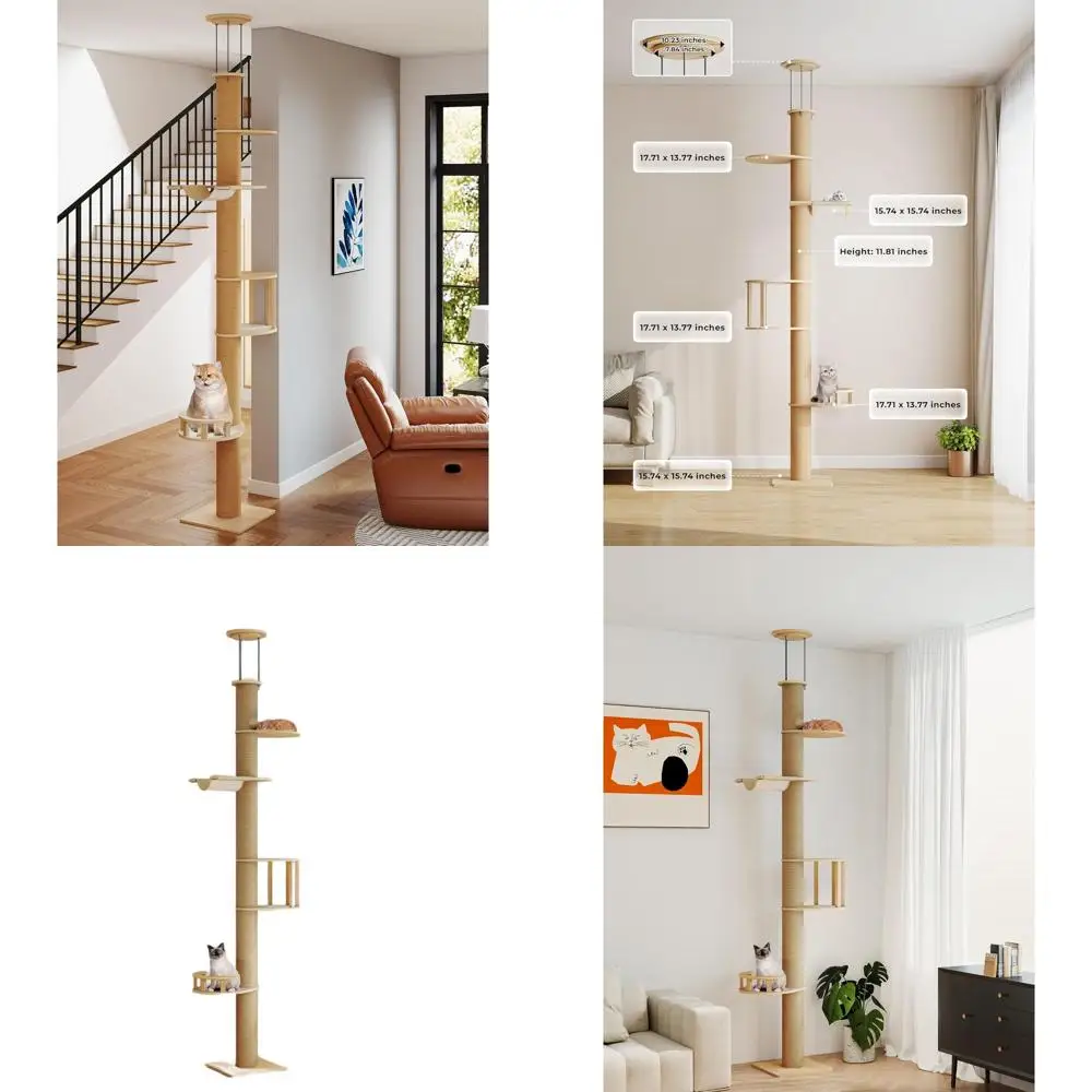 

Регулируемая 5-ярусная кошачья стойка, 89-112 дюймов, для крупных кошек, с царапателями, гамаком и платформами