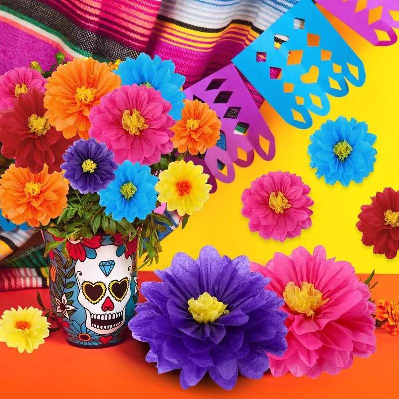 12/24pc DIY Craft Paper Flower Balls Colorful Tissue Paper Flowers, Thin Paper Pom‑Poms for Party Classroom Wall Decoration