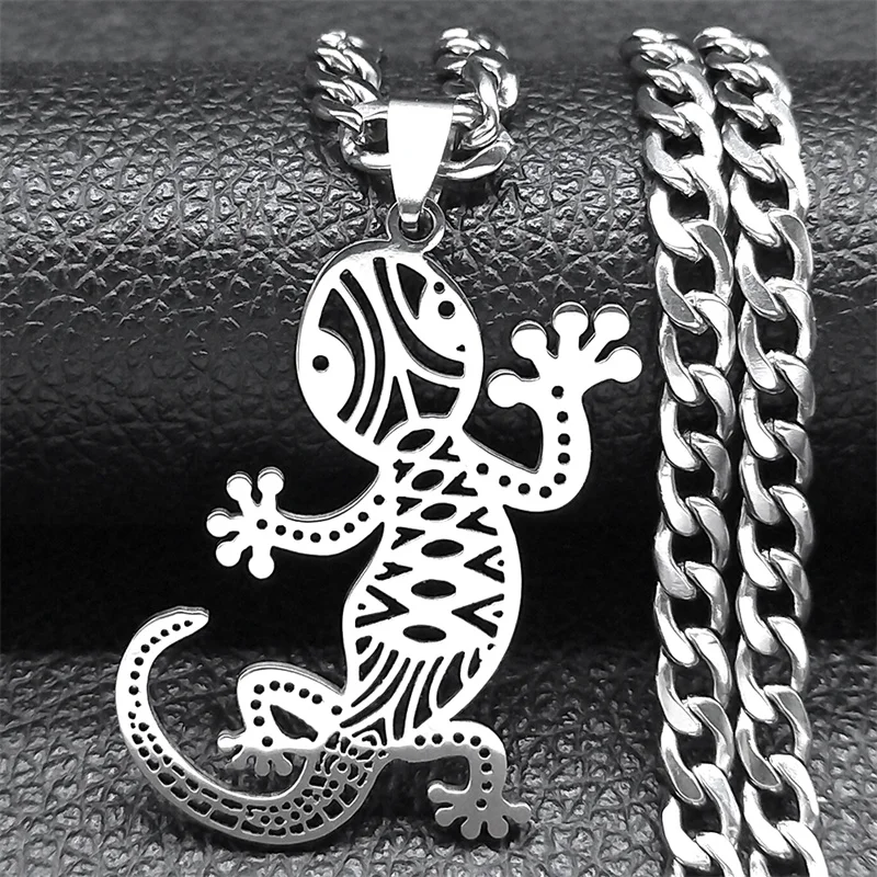Glückliche Eidechse Gecko Halskette Edelstahl kette für Männer Frauen Tier Hip Hop Punk hohle Halsketten Schmuck Geschenke nzzz515s03 – Detail 4