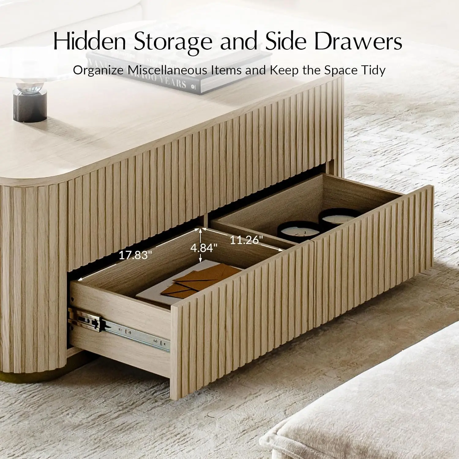 47" Lift Top Coffee Table With Storage, Large Modern Coffee Table With Drawers, Fluted Center Table For Living Room, Apartment,