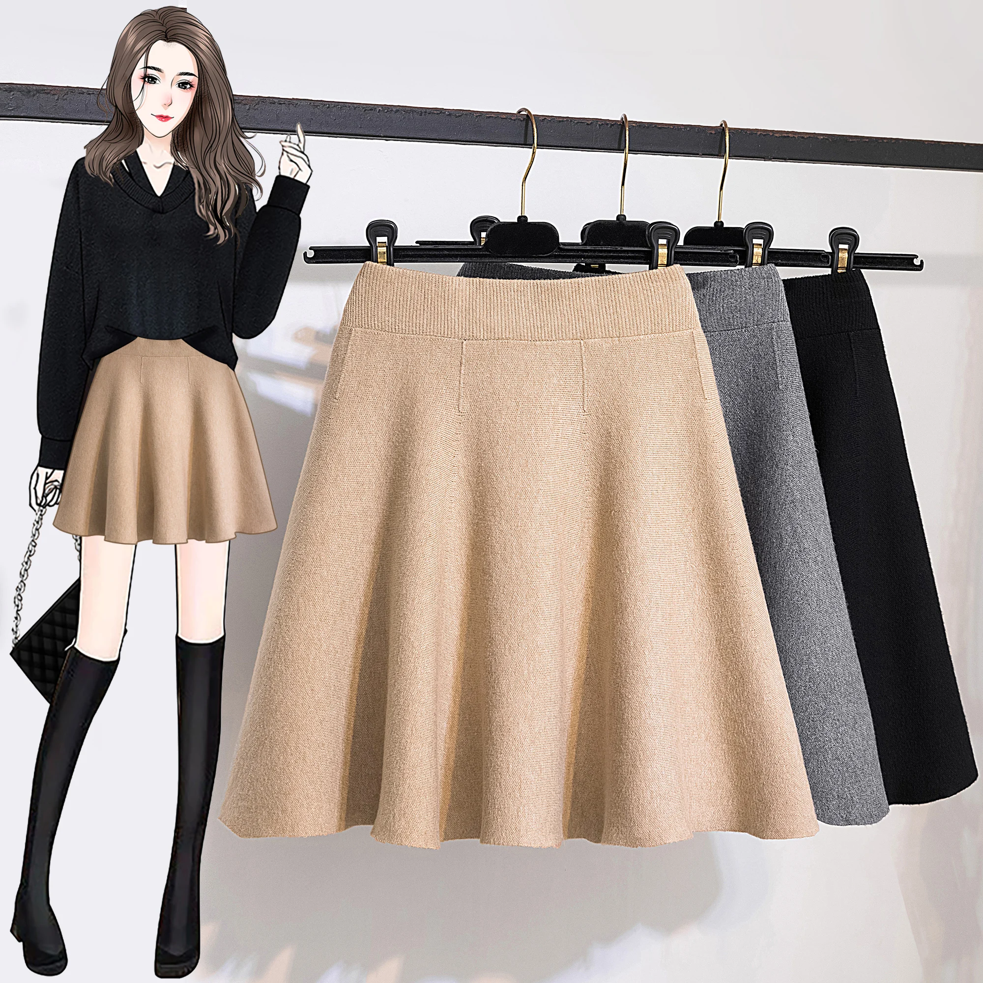 Large size women's 2023 winter new Korean version slimming high waisted loose solid color knitted A-line umbrella skirt half