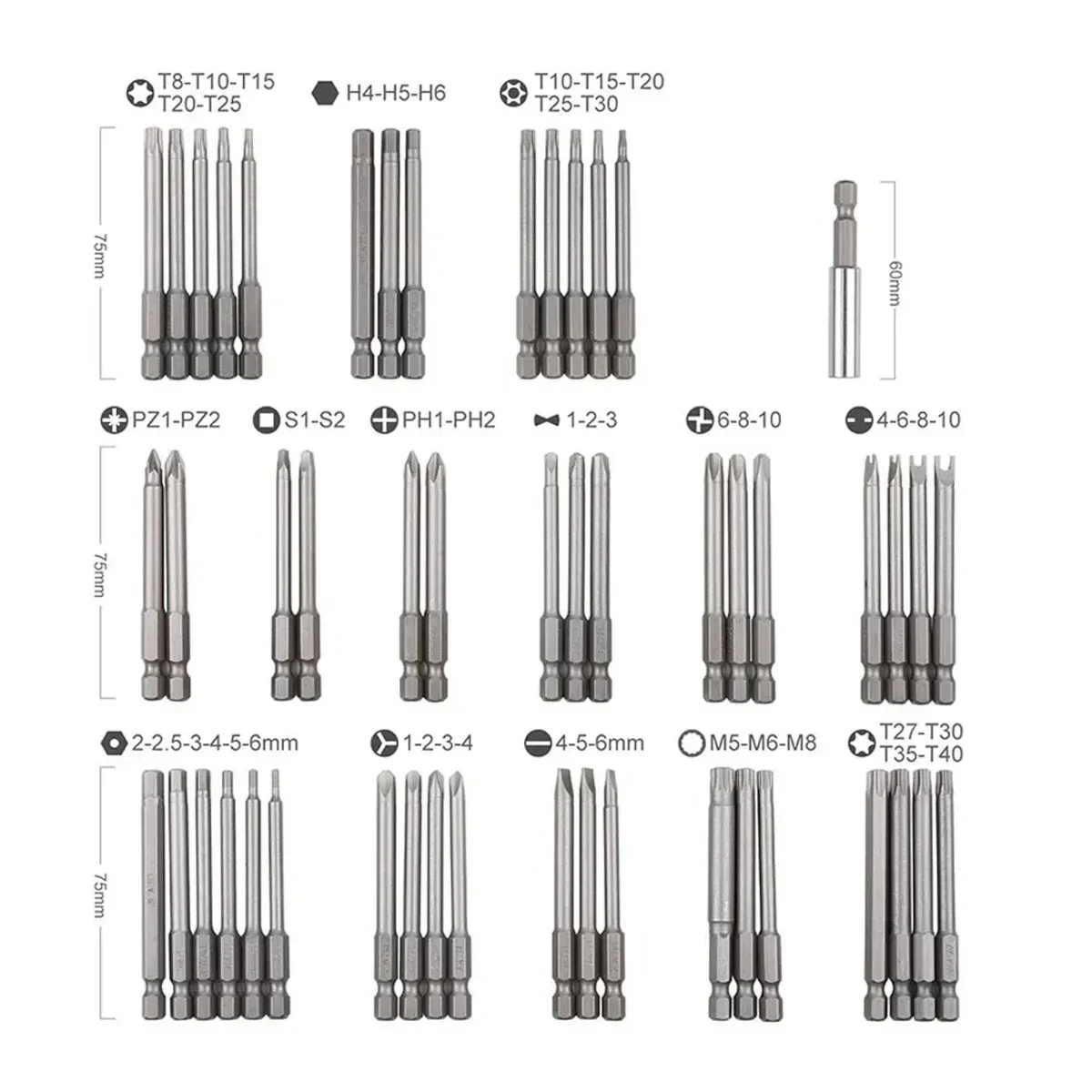 50pcs Extra Long Screwdriver Bit Set with Handle 75mm Torx Star Hex Spline Bit Set Screw Driver Bit Screwdriver Kit Tools