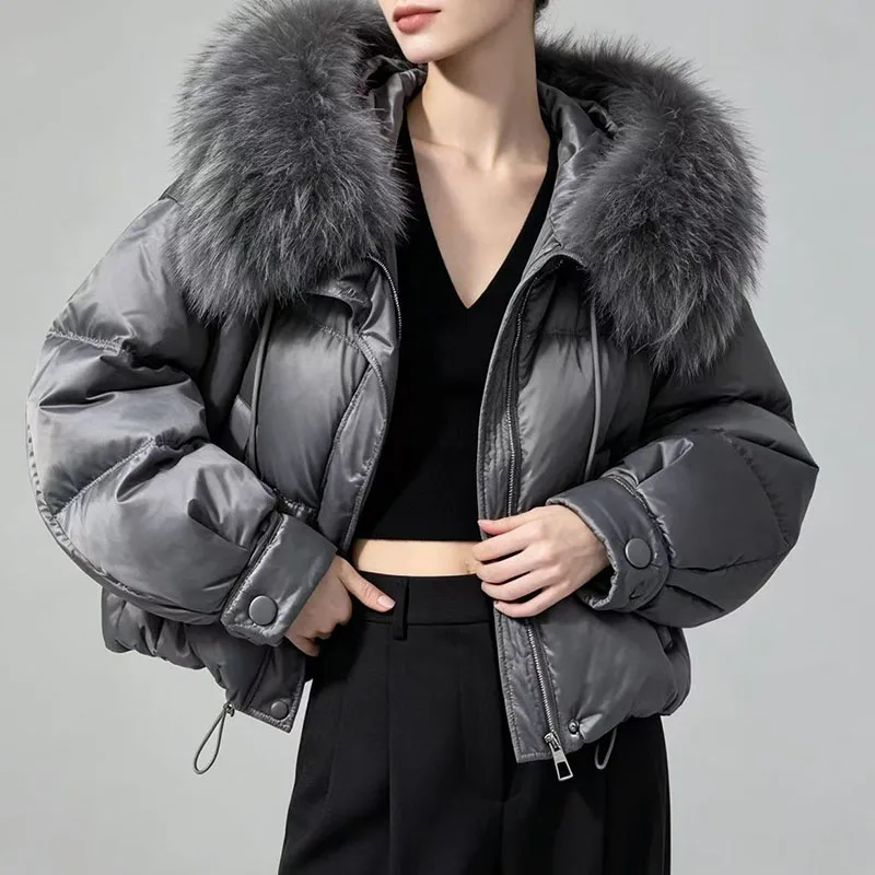 Women's Down Jacket with Natural Fox Fur Collar, Loose-Fitting Warm Jacket, White Duck Down-Filled Jacket, 2026, New Style, Y2K