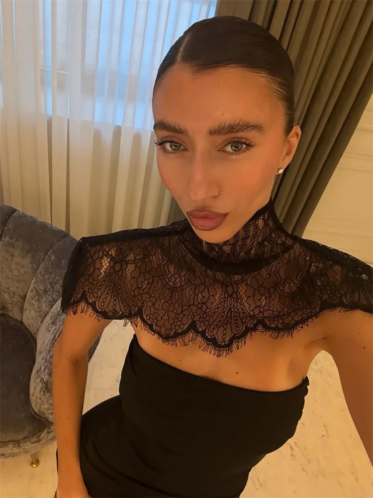 Tossy-minivestido Sexy de encaje negro para mujer, vestido Bandeau calado de cintura alta, vestido transparente de retazos ajustado, vestido de verano para mujer 2026