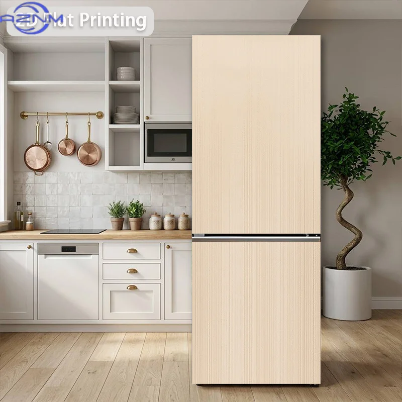 Printing Refrigerator Sticker Light Beige Straight Grain Texture Themed Design, Self-Adhesive Wall Decal Wallpaper, Suitable f