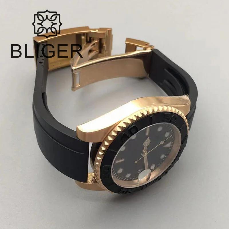 BLIGER 40mm Automatic Men Watch Japan 24 Jewels NH35 Miyota PT Mingzhu Rose Gold Case Brushed Ceremic Bezel Rubber Strap Saphire