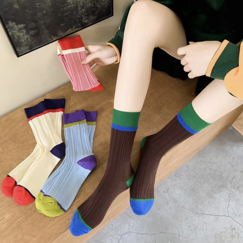 Trendy Women Socks Korean Style New Mixed-Color Retro Girls Loose Socks Breathable Middle Tube Lady Fashion Cotton Socks Striped