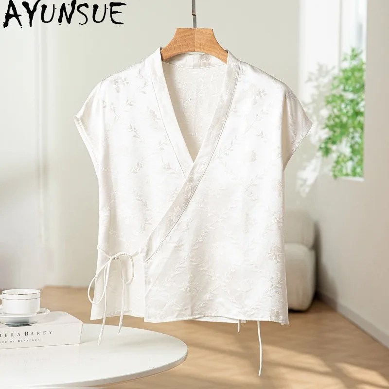 

AYUNSUE 100% Silk Woman Tops Chinese Style Short Sleeve Tops for Woman High Quality Going Out Top Summer Clothes for Woman Топ