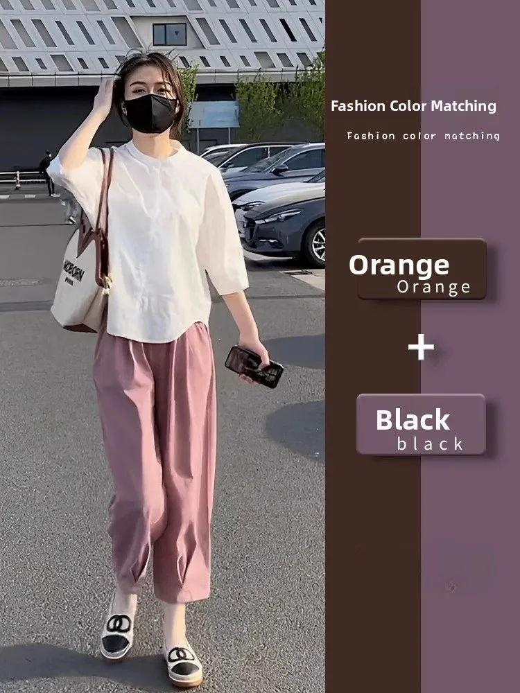 

Salt System Fashionable Shirt And Casual Pants Set Women's Elegant Youthful Two-Piece Summer Outfit Polyester Fabric Short Sl...