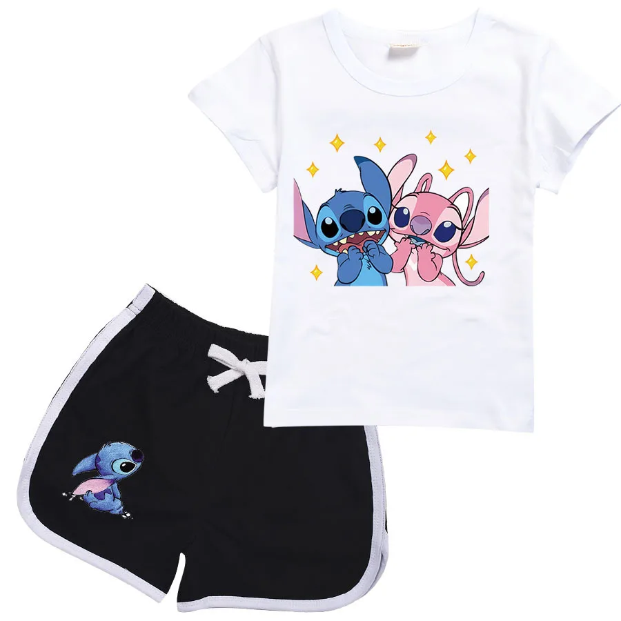 Stitch Kids T-shirt Shorts Set Anime Angel Children Sport Clothes Kawaii Summer Girl Boy Tees Pants 2pcs Pajamas Birthday Gift