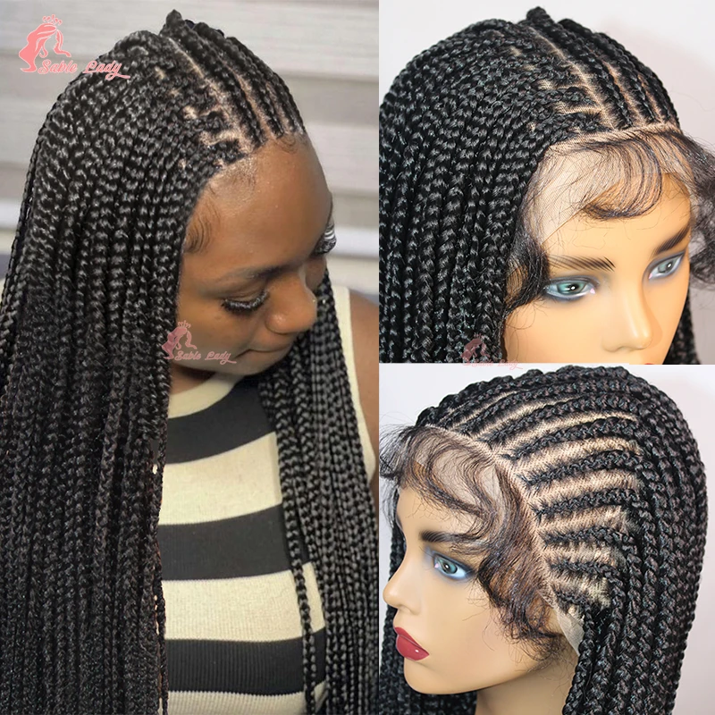 Tribal Box Braided Wigs 36“ Synthetic Full Lace Wigs Long Black Wigs Cornrow Box Braids Wigs Knotless Braid Wig for Black Women